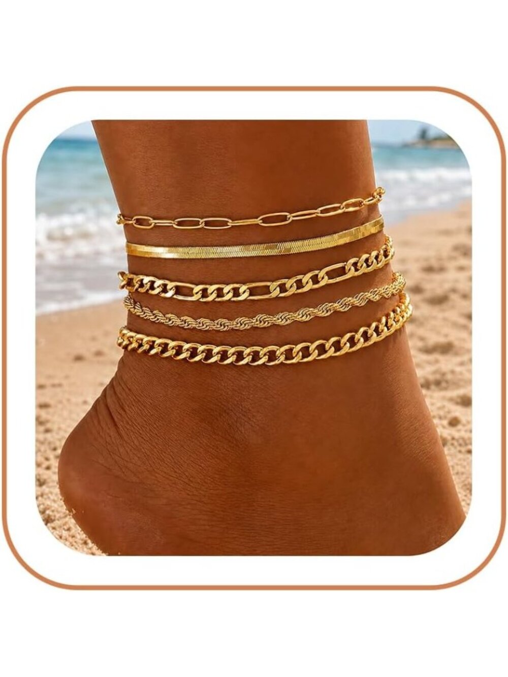 Women's 14k Gold Plated 5 Waterproof Cuban Link Chain Layered Anklet Bracelets